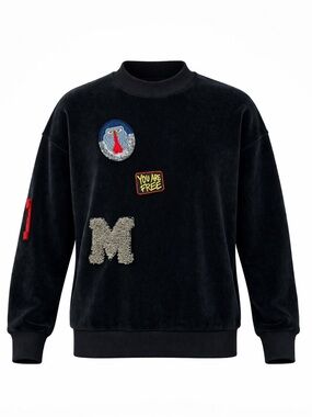 Velour patch crew neck pullover Genderless plush black long sleeve sweatshirt